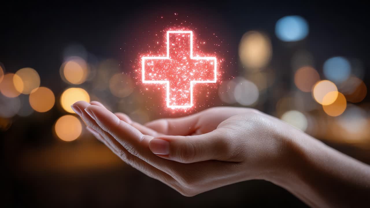 Una mano che tiene un simbolo di croce medica luminoso in un paesaggio urbano notturno, che rappresenta salute, cura e compassione nell'era digitale