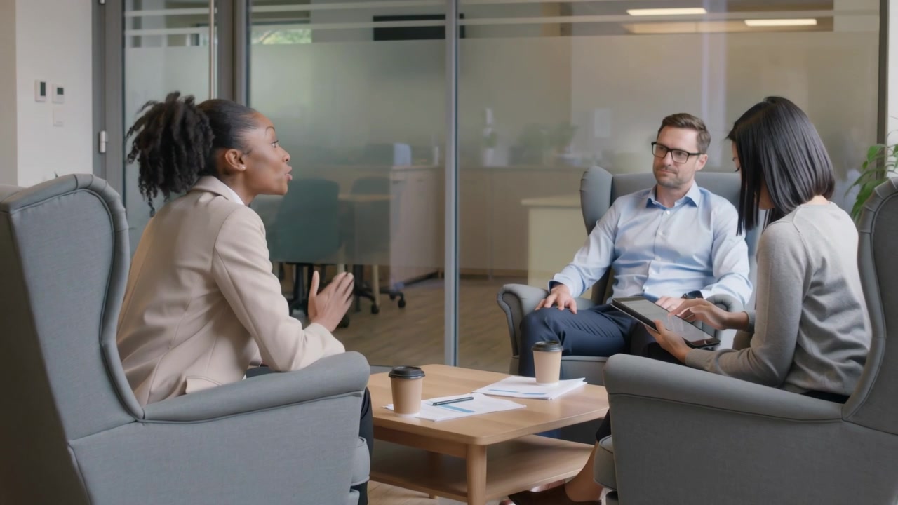 Speaking woman in blazer gesturing in office meeting, man listening and woman using tablet updating