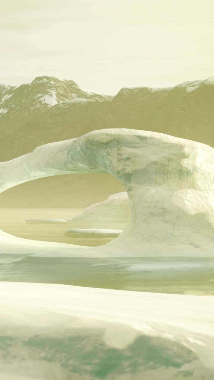 Glacial landscape with an ice arch and calm water under muted light