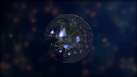 3d render of abstract virus cell inside a transparet bubble over blurred dark background.