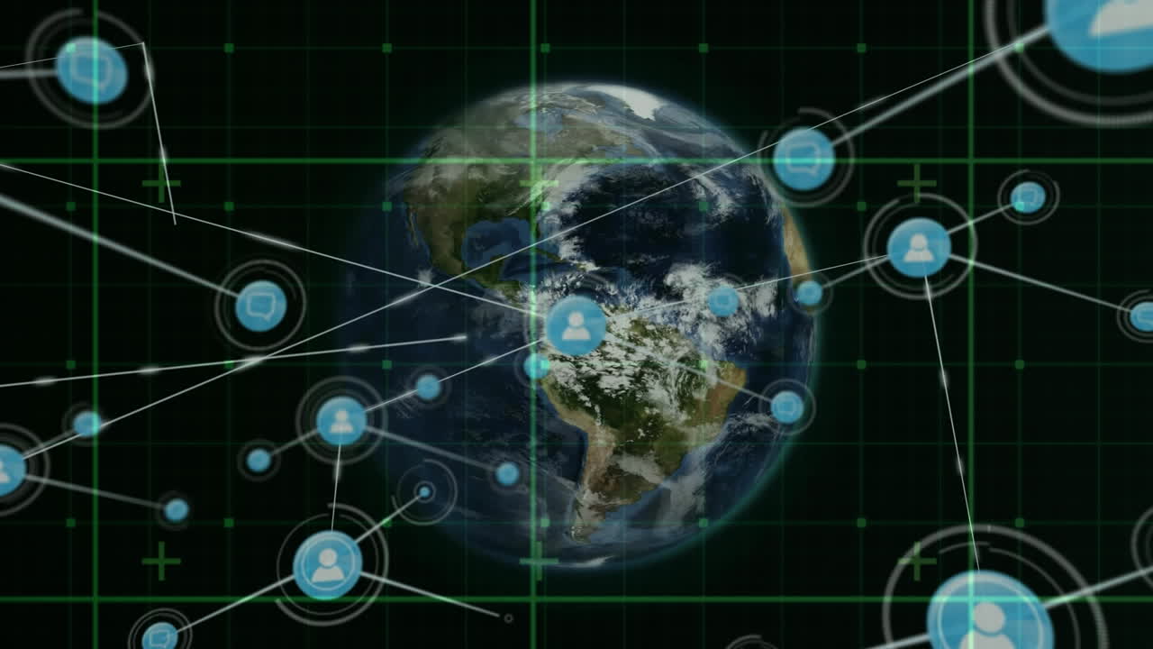 Animation of network of connections with icons over globe on black background