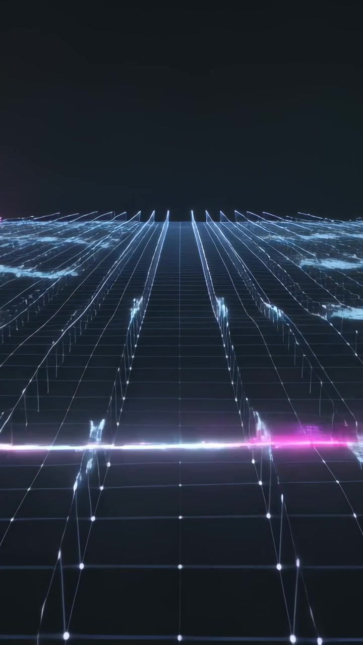 Video verticale: Linea magenta pulsante che scintilla su una griglia al neon, illuminando nodi, colonne e onde blu nel vuoto.