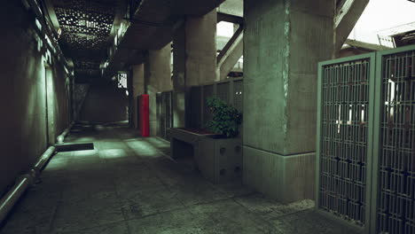 a dark and gritty futuristic hallway with a bench and a plant.