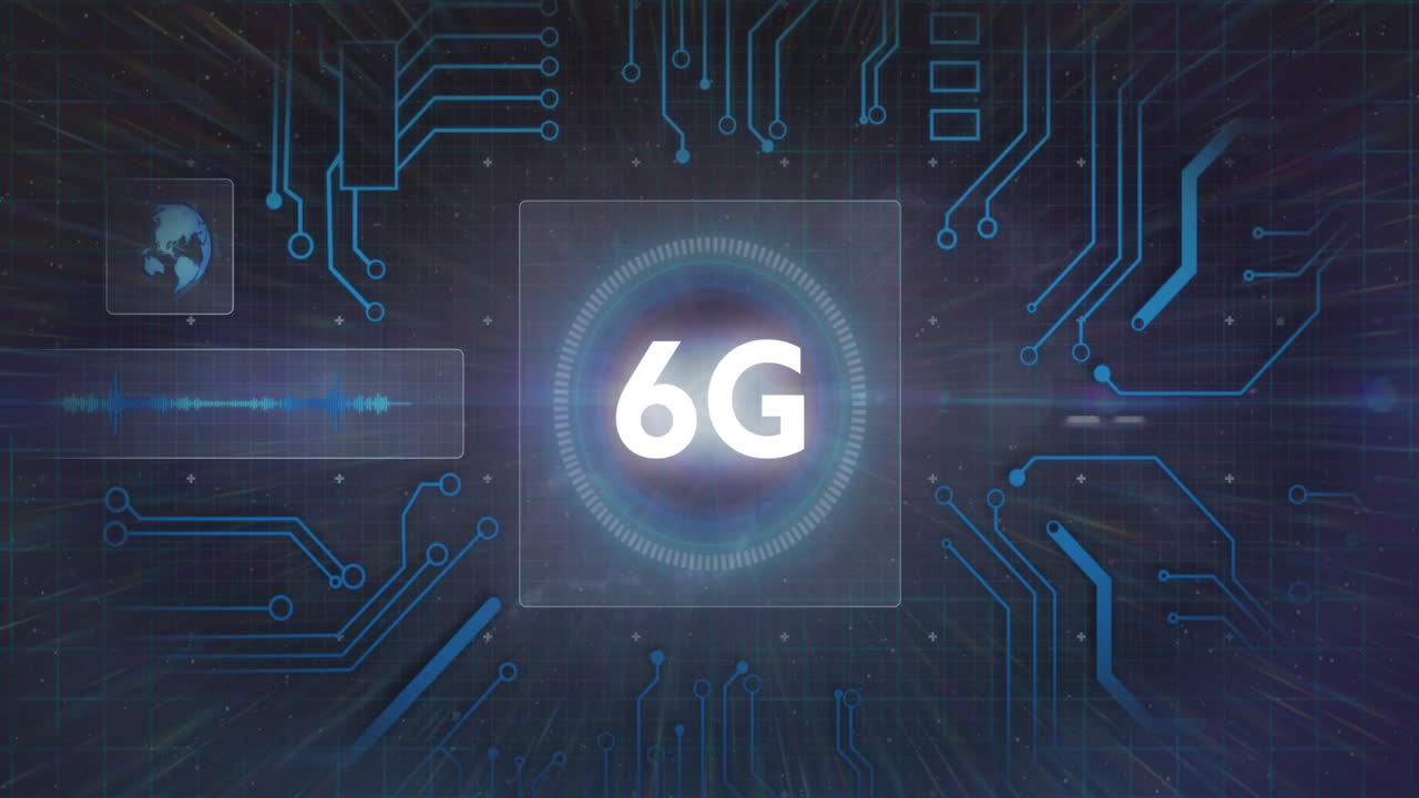 animación de texto de 6g en círculos, guantes, ondas sonoras y patrón de placa de circuitos sobre un fondo abstracto