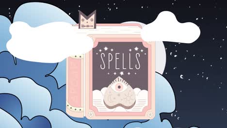 animation of spells title on book flying over white clouds, stars and night sky