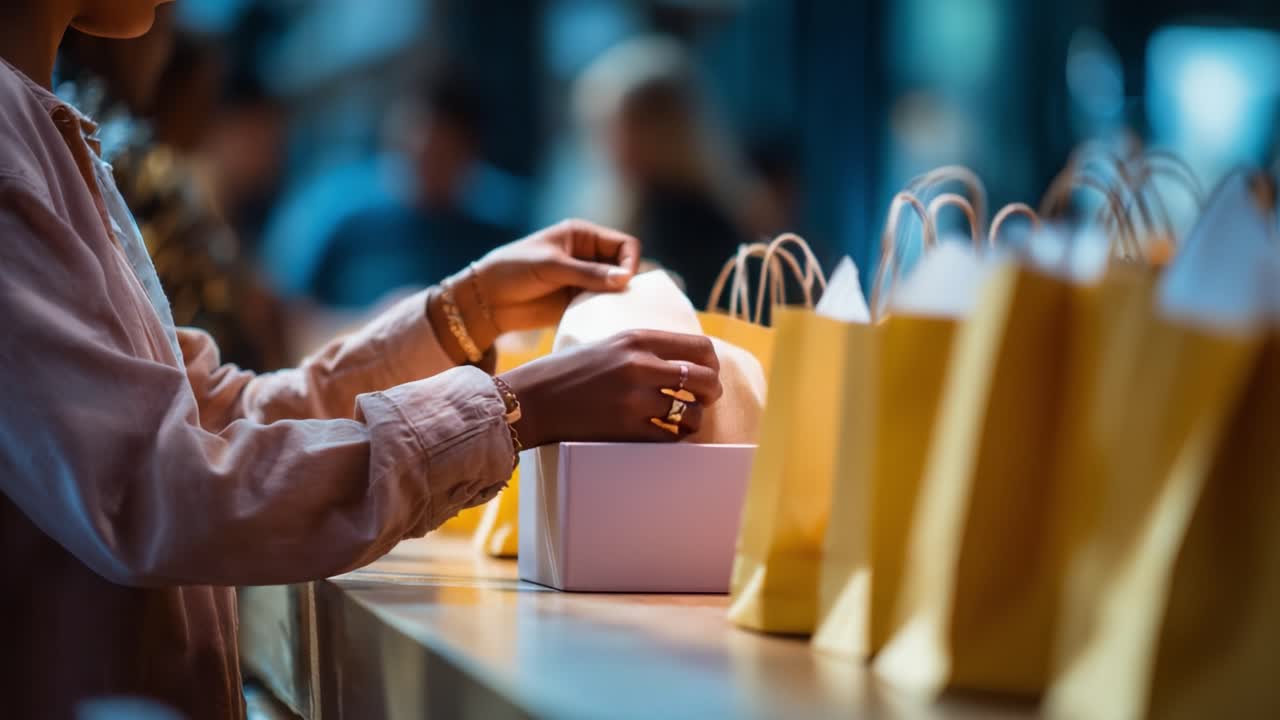 A Person Engaging in Unpacking Gift Bags on a Counter Surrounded by Yellow Gift Bags and a White Box, Capturing the Anticipation of a Special Reveal at a Gathering