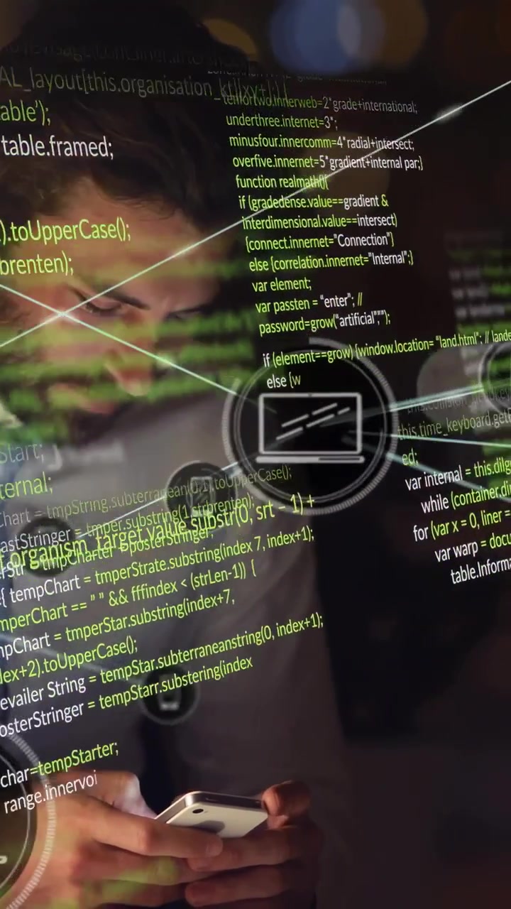 Vertical video: Man tapping phone, initiating tech overlays growing into network code, engaging app