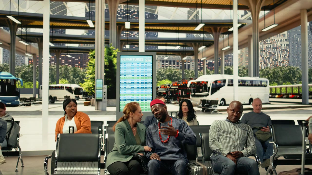 Two travelers colliding accidentally in busy bus station hall filled with luggage