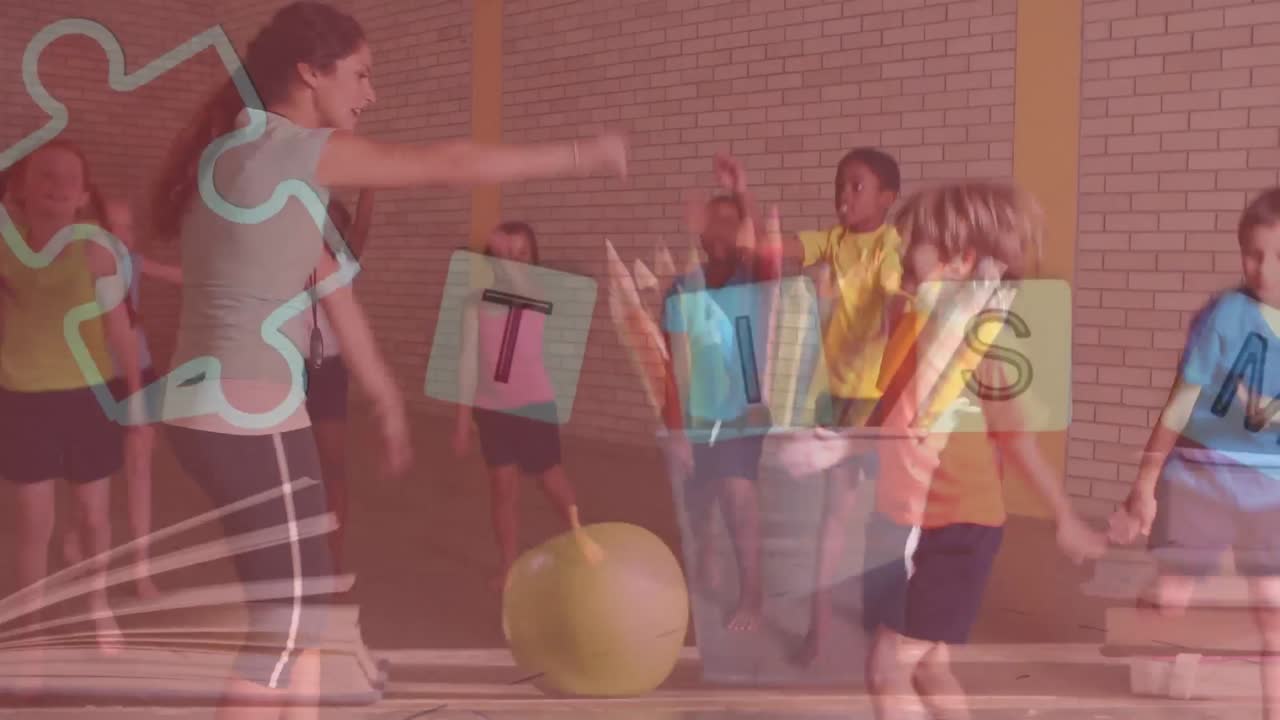 교사와 함께 학교 학생들을 대상으로 다채로운 퍼즐 조각과 자폐증 텍스트의 애니메이션