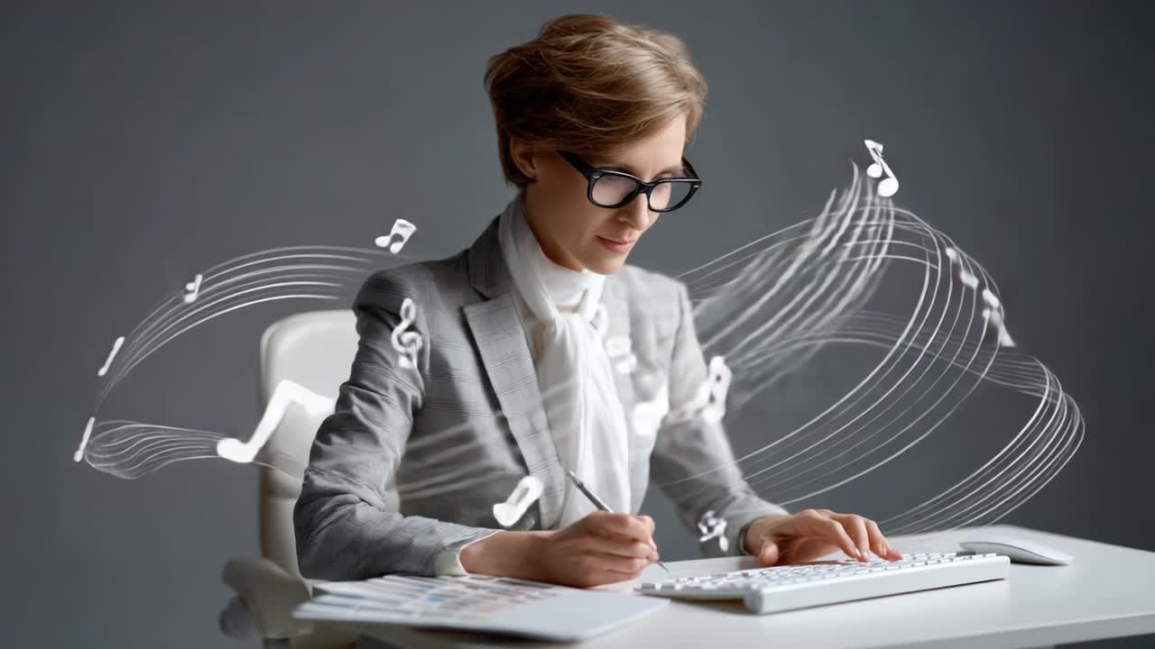A Creative Professional Engaging in Work with Music Notes Flowing Around, Capturing the Essence of Inspiration and Focus in a Modern Workspace Setting