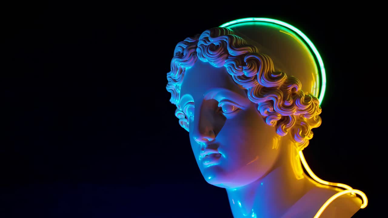 네온으로 조명된 고대 그리스 부스트