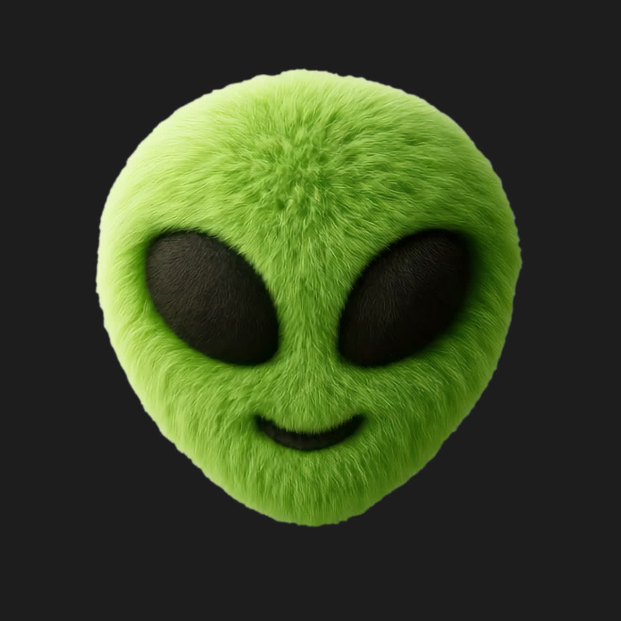 Furry green alien face animation isolated asset, transparent 4K video, alpha channel, ProRes 4444
