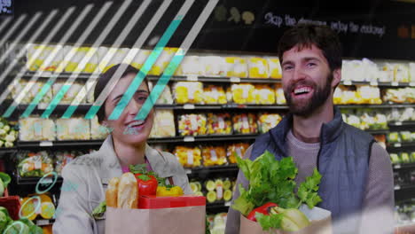 animation of financial data processing over caucasian couple grocery shopping