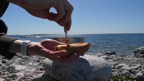 Einen-Hotdog-Am-Strand-Essen