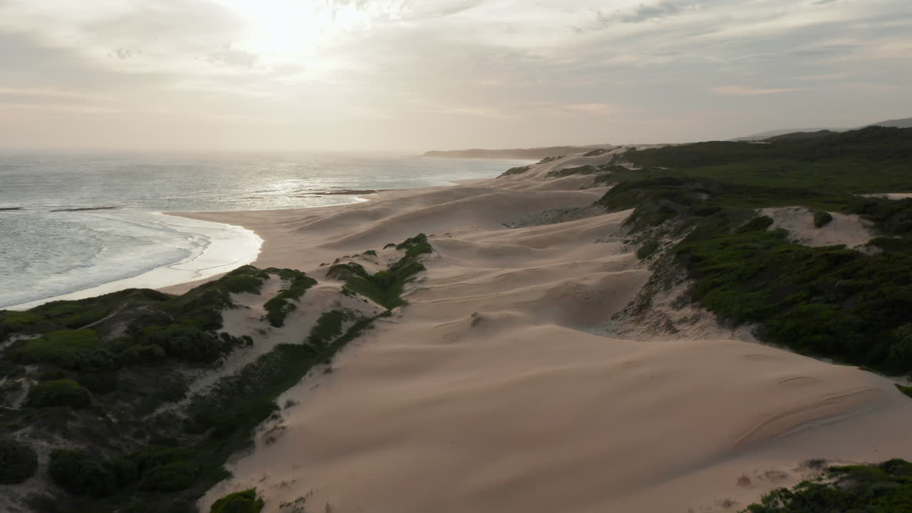 vista panorámica de la playa de la bahía de sardinia con dunas de arena al amanecer en port elizabeth, sudáfrica