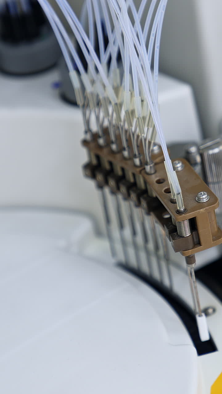 Advanced equipment carrying science testing in the modern laboratory. Close up. View from top. Blurred backdrop. Vertical video
