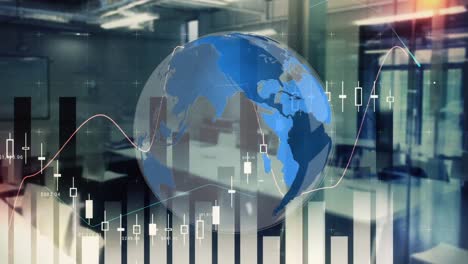 digital earth rotating on an office background with data