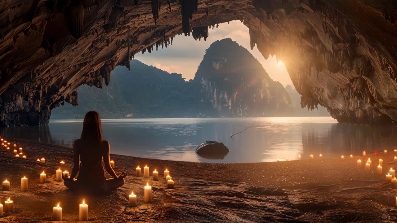 Woman Meditating in a Cave by a Lake at Sunset