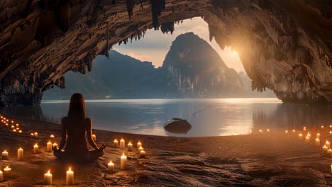woman meditating in a cave by a lake at sunset