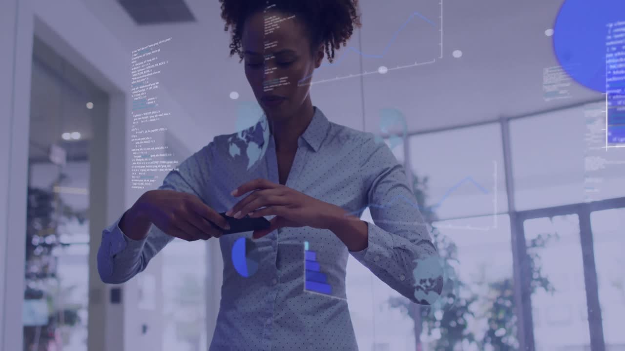 Animation of data processing over biracial woman taking a picture using smartphone at office