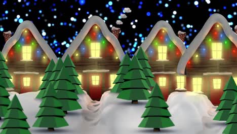 Animation-of-winter-scenery-with-decorated-houses-on-black-background