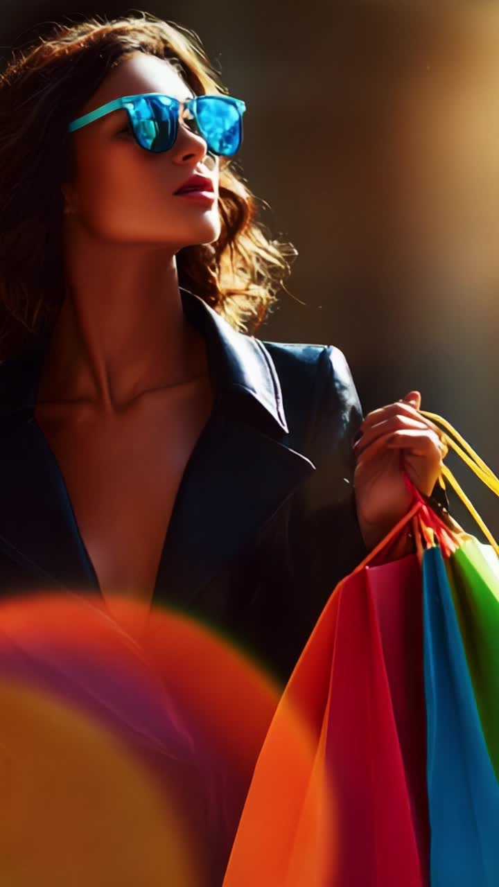 Stylish Woman in Sunglasses Holding Colorful Shopping Bags Against a Softly Lit Background, Emanating Confidence and Fashion Forward Attitude