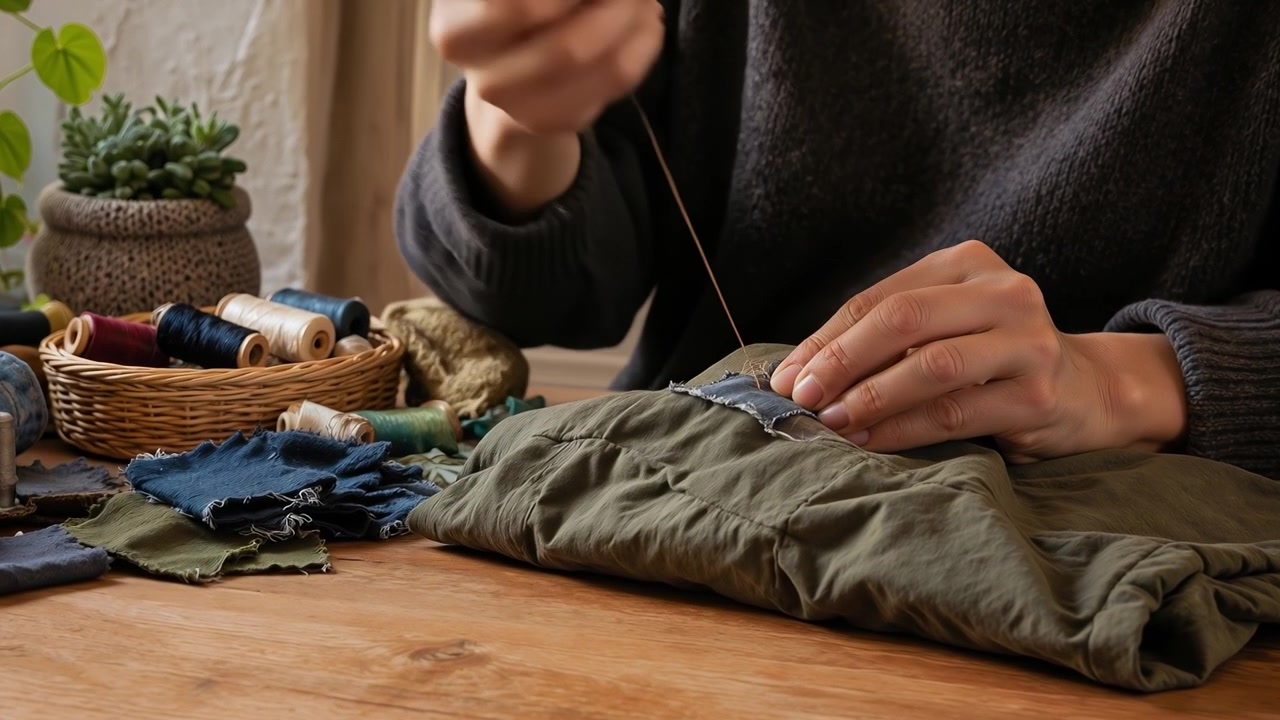 Close up of hands sewing a denim patch onto green fabric on a wooden table