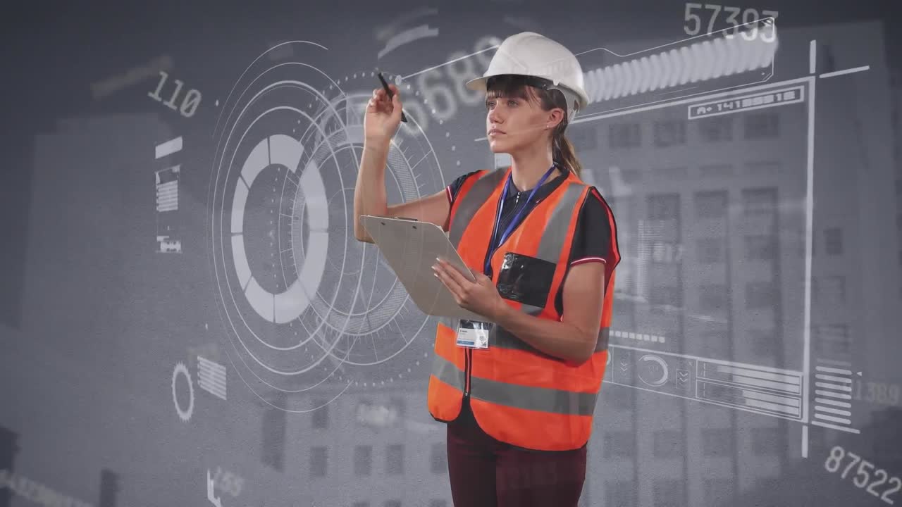 Animación de pantalla digital con datos y números diversos sobre una ingeniera caucásica.