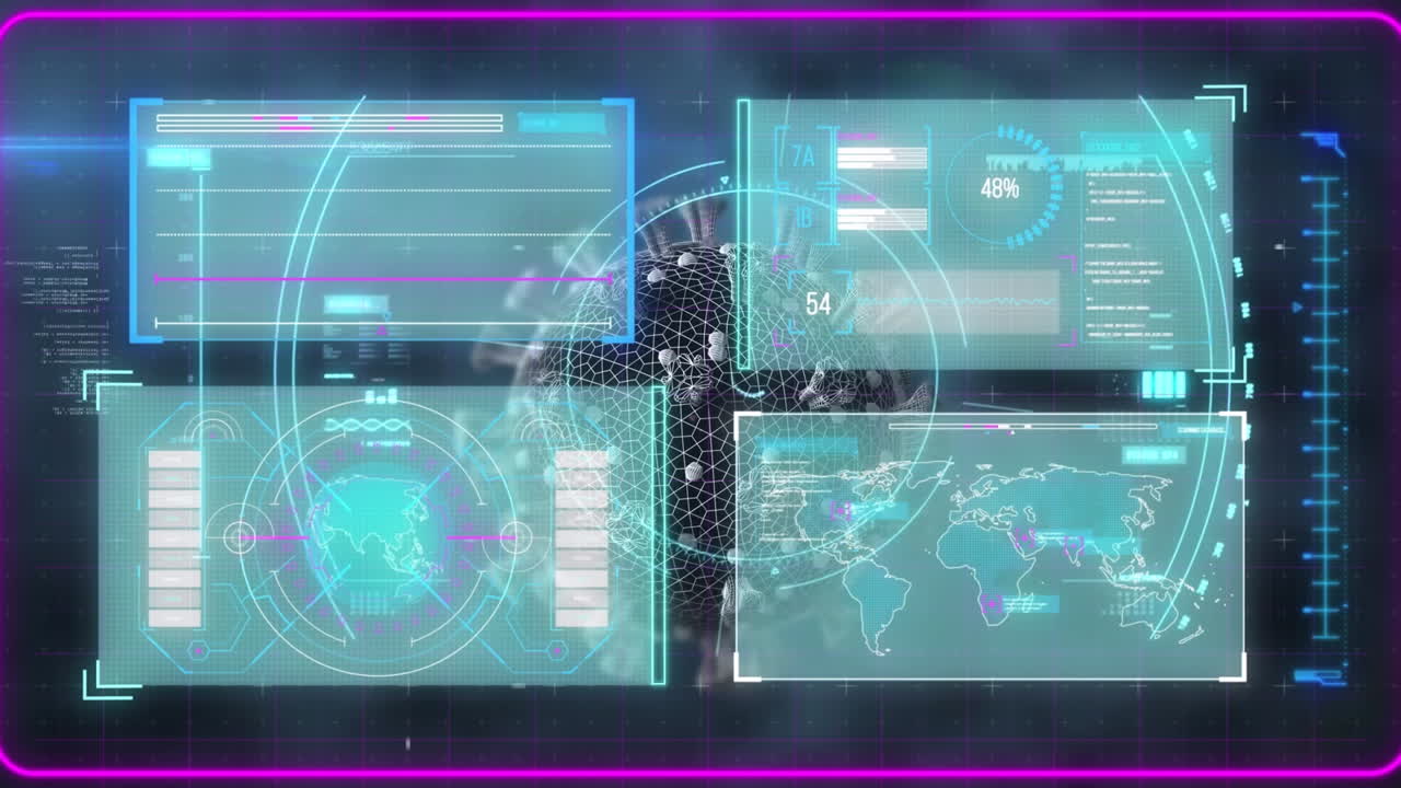 검은색 배경에서 데이터 처리를 통해 스 스캔과 바이러스 셀의 애니메이션