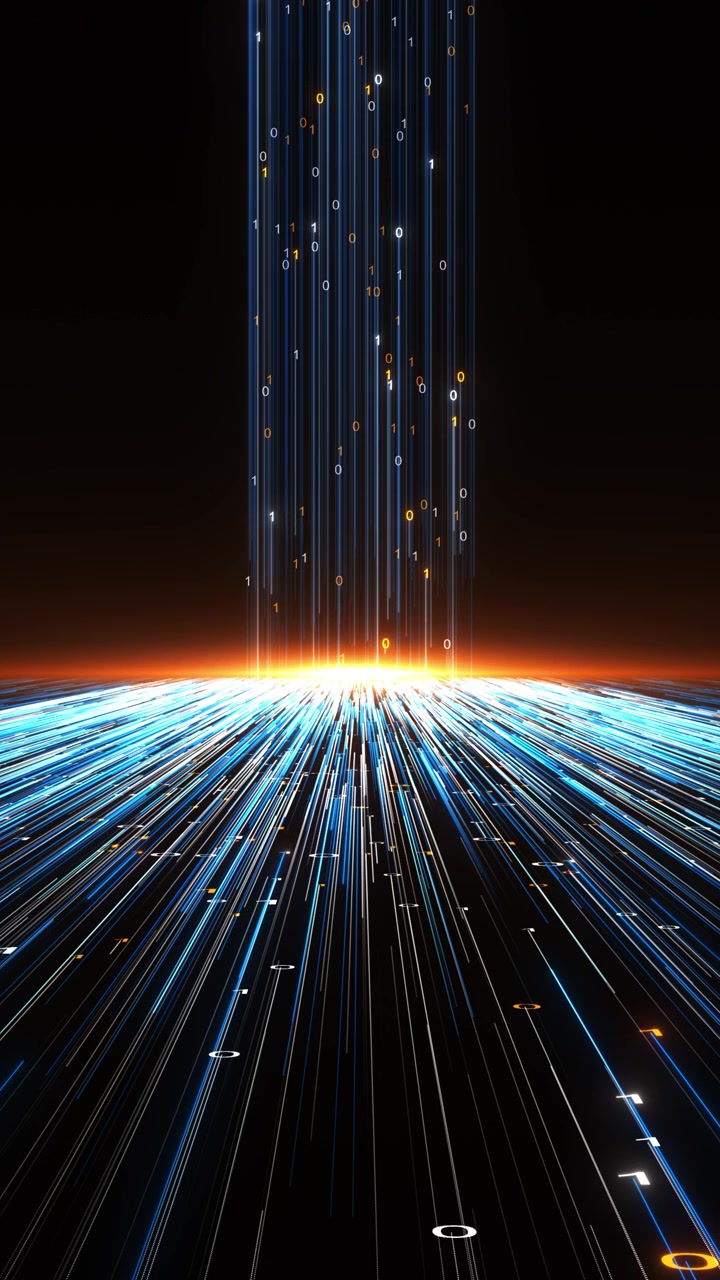 Futuristic data stream floor glowing blue perspective lines falling binary code bright center burst