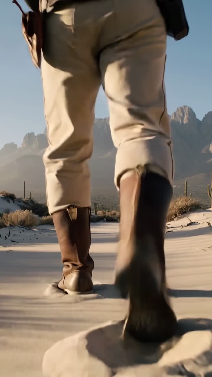 Video verticale: Uomo che cammina e calcia la sabbia attraverso il deserto verso le cime, mostrando stivali e una fondina all'anca.