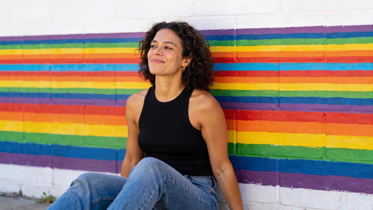 Smiling woman in black top, jeans noticing camera and posing by rainbow mural, shifting gaze