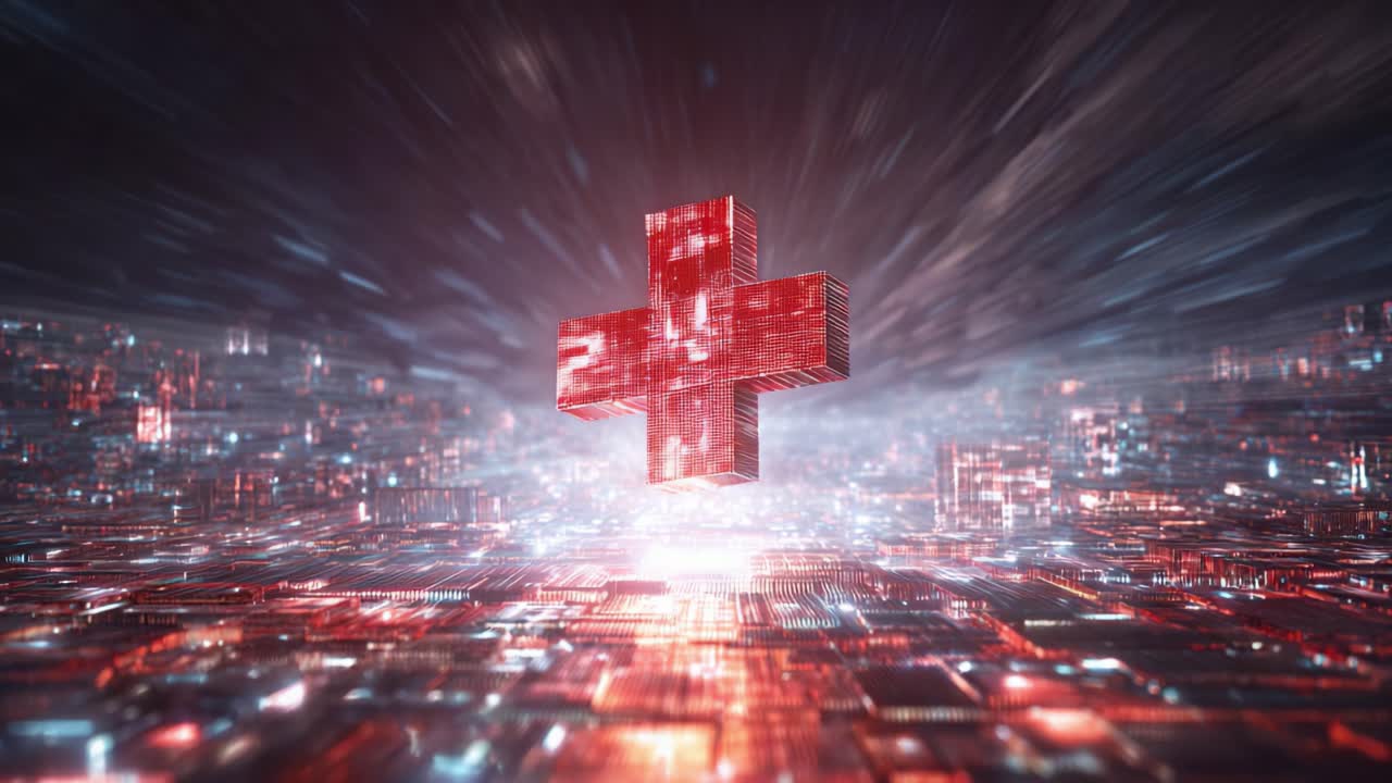 Red cross symbol hovering over a futuristic digital landscape, representing the intersection of healthcare, medicine, and advanced technology in a concept of modern medical innovation and science