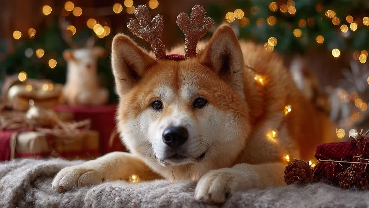 A Festive Akita Dog Adorned with Glittering Antlers and Twinkling Lights, Elegantly Posing Amidst Holiday Decorations and Warm Cheerful Ambience