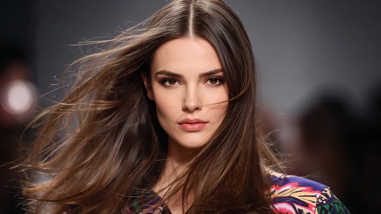 Striding model toward camera on runway under lights, fan blowing hair, showcasing patterned garment