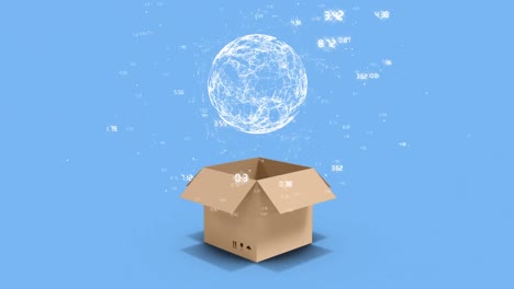 Rotating-globe-and-opening-box-on-blue-background