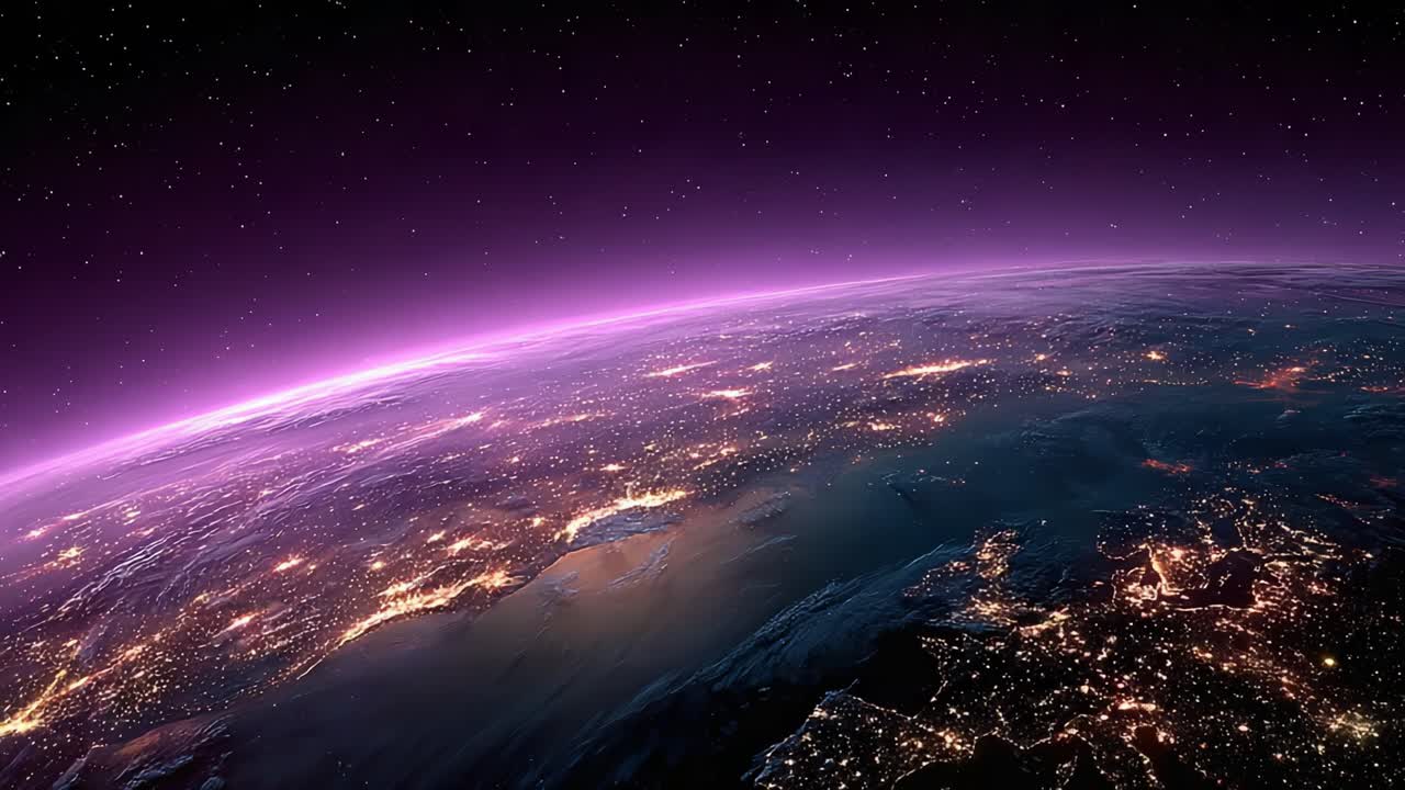 A Stunning View of Earth from Space Showcasing Vibrant Lights and Natural Curvature Under a Starry Purple Sky