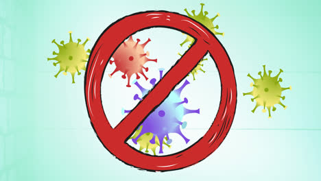 animation of no entry sign over covid 19 cells on green background