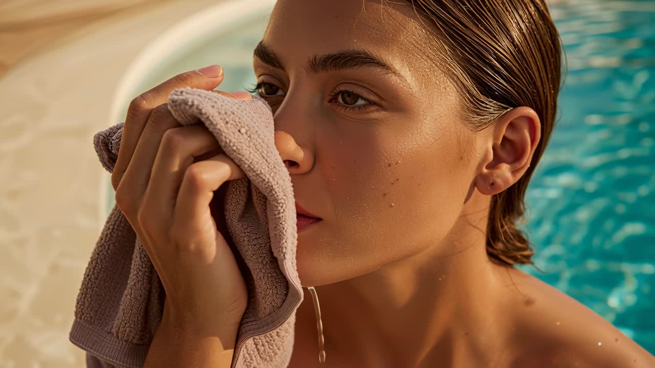 Donna che emerge dalla piscina e si asciuga il viso con l'asciugamano a bordo vasca, vicino all'acqua turchese, indossando un costume da bagno.
