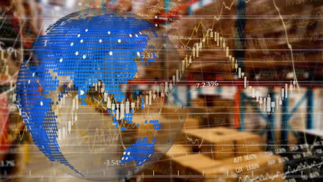 animation of globe and financial data processing over warehouse