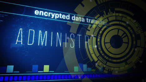 encrypted data transfer animation over digital interface with circular patterns and bar graphs