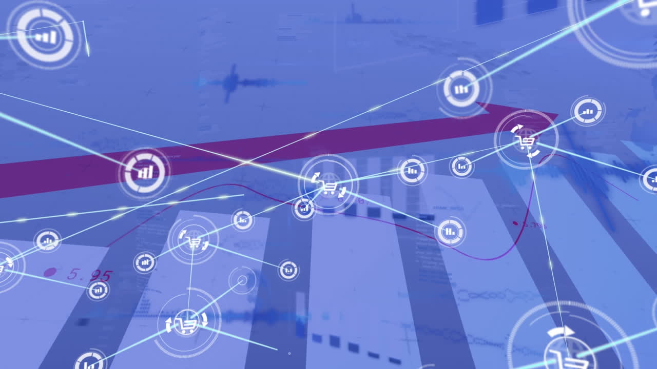 animación de la red de iconos digitales y procesamiento de datos estadísticos contra un fondo gris