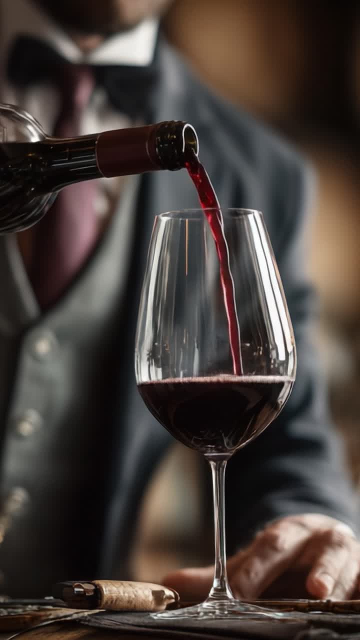 Elegante versamento di vino rosso in un bicchiere, che mette in risalto il colore intenso e la limpidezza mentre un sommelier mostra l'arte della degustazione di vini in un ambiente raffinato