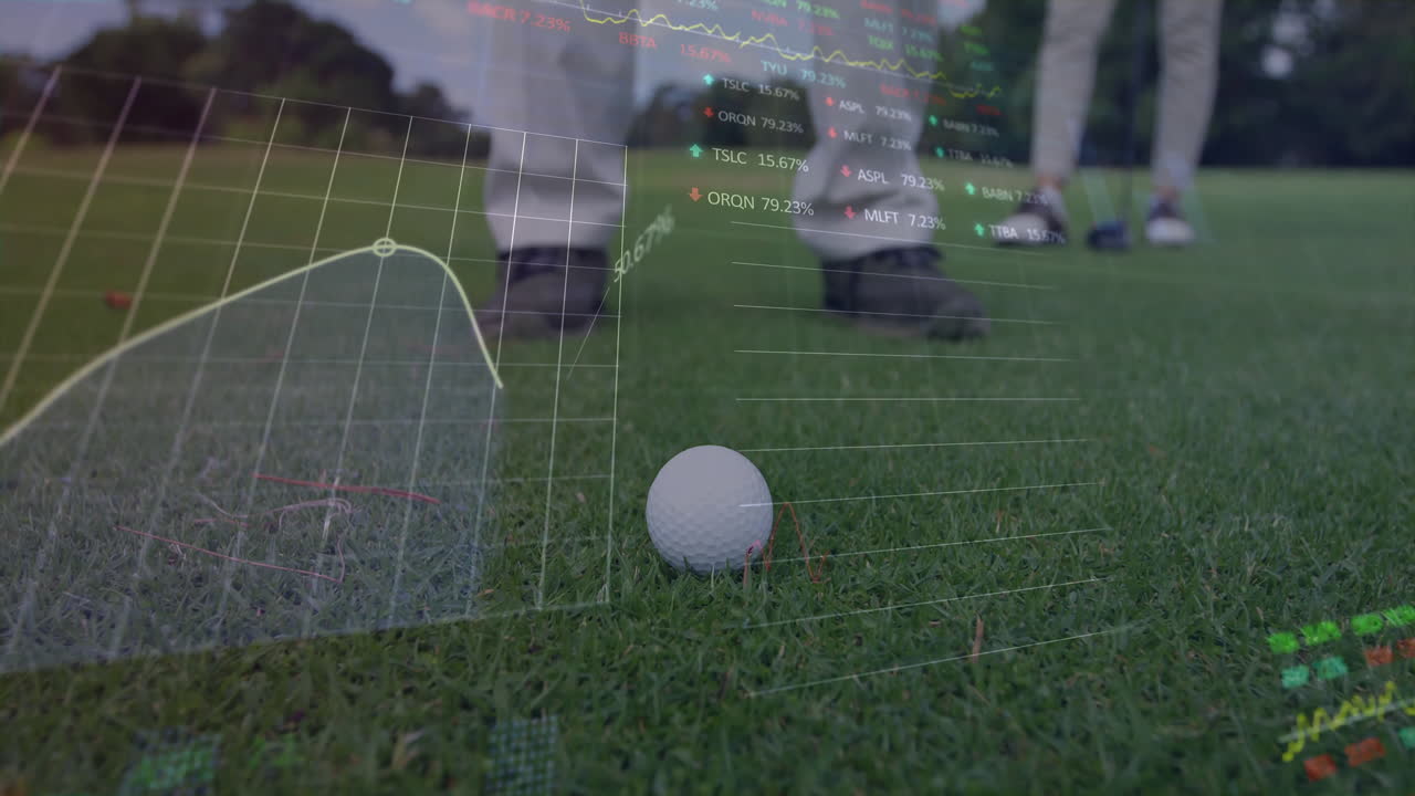 Golf partners adjusting positioning on fairway, overlaying financial charts and stock tickers