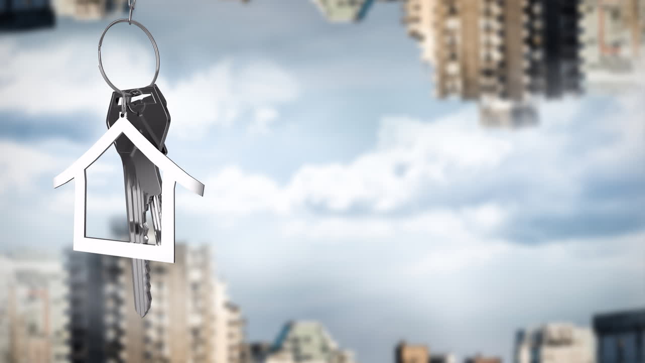 Animation of silver house key and jey fob over cityscape