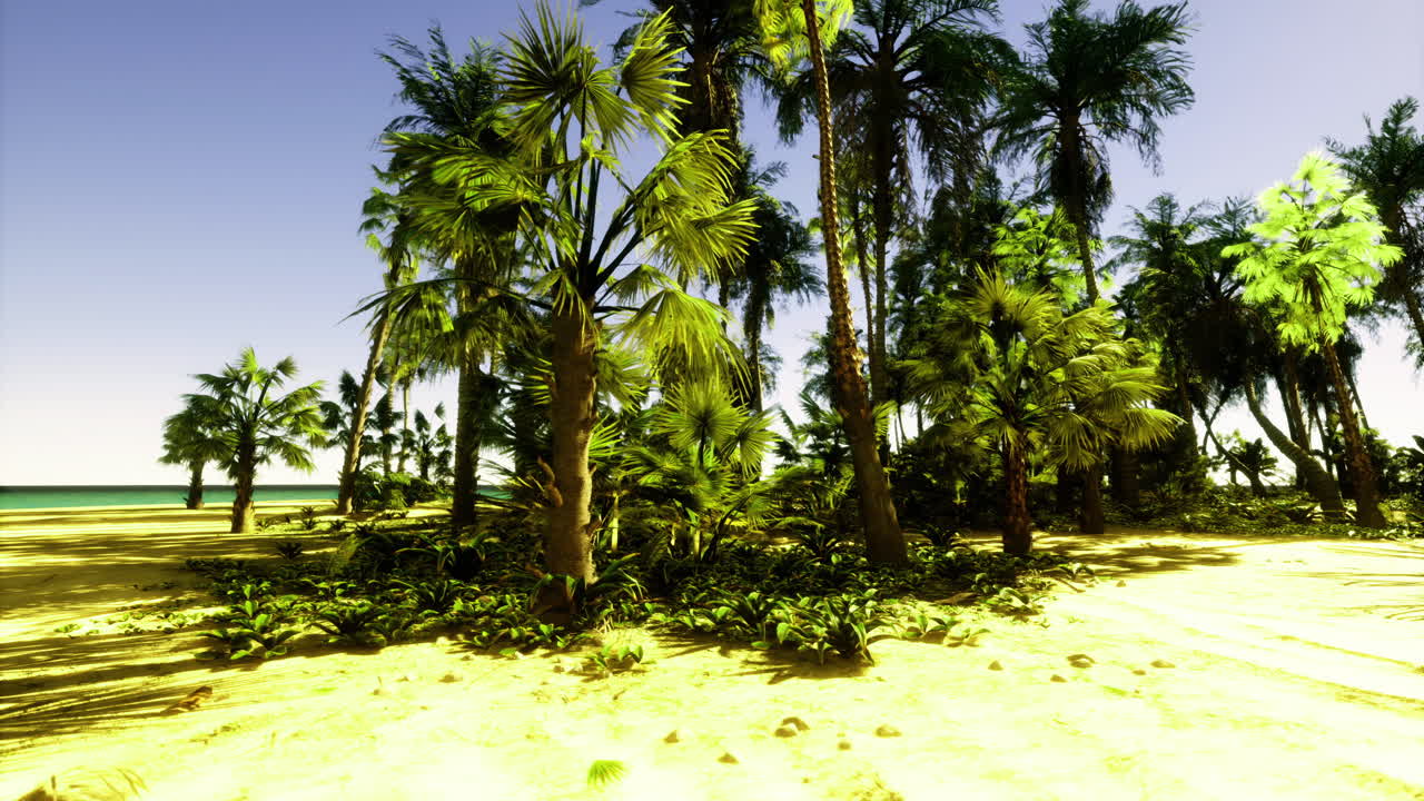 Tropical beach landscape with lush vegetation and clear blue skies