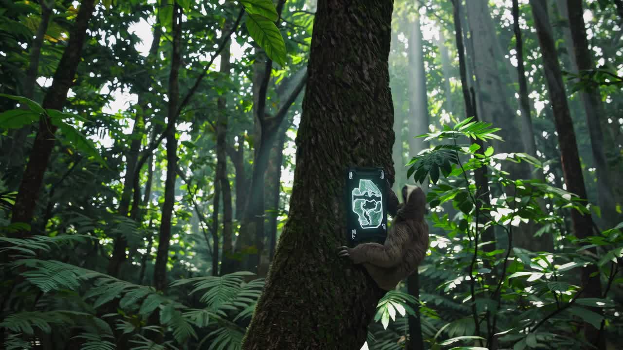 Sloth Examining a Digital Map in the Jungle