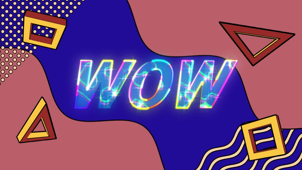 animación de wow y triángulos y cuadrados giratorios sobre fondo azul y rosa