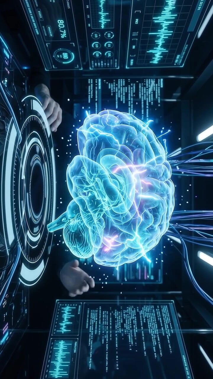 Scientist Interacting with Holographic Human Brain Model in High Tech Laboratory