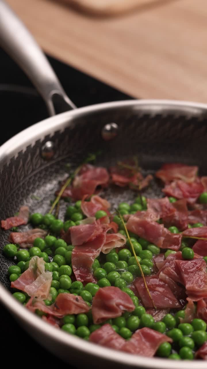 Cooking Peas and Pancetta in a Pan